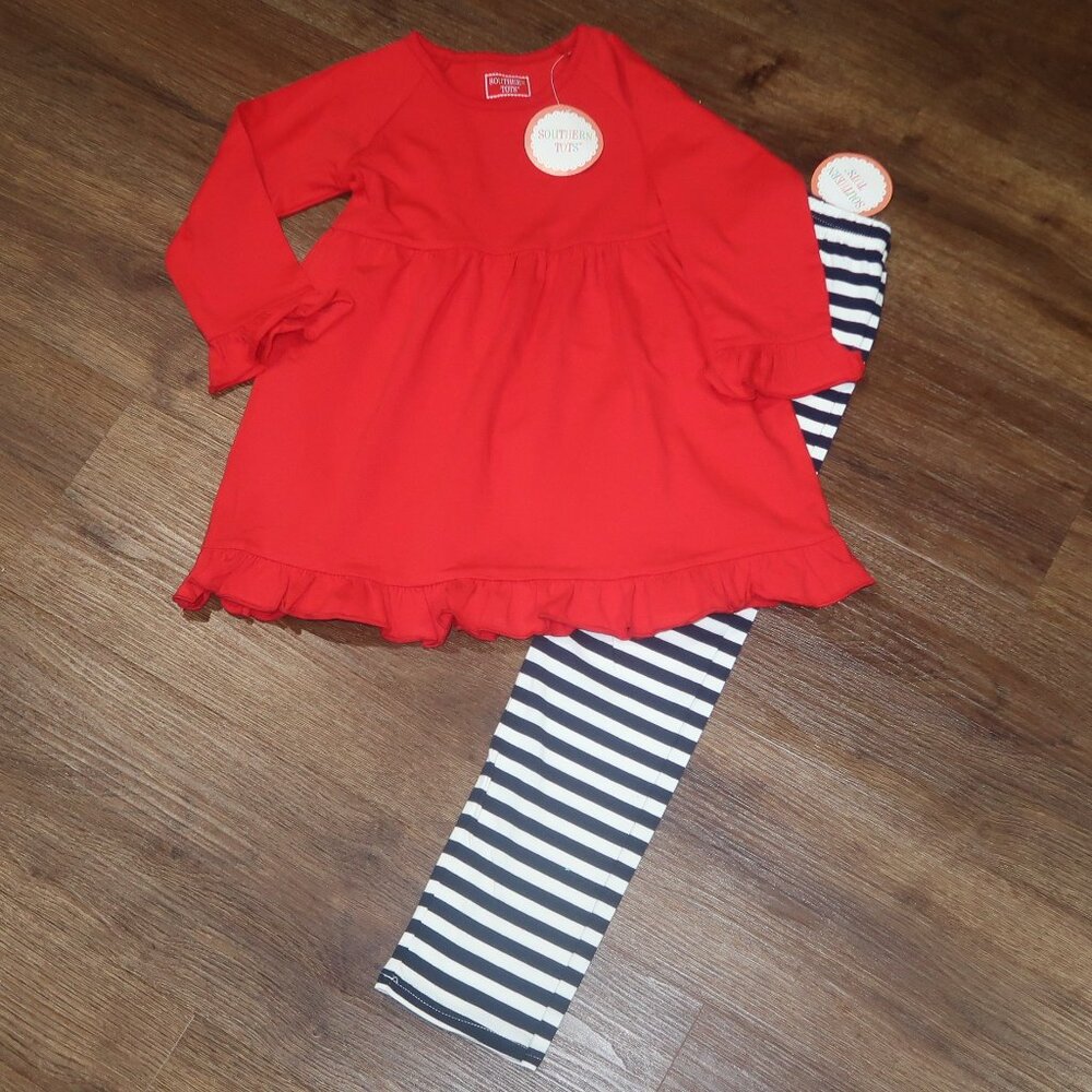 NWT Girls Southern Tots 2pc Casual Knit Set Red Tunic Navy Stripe Leggings sz 7